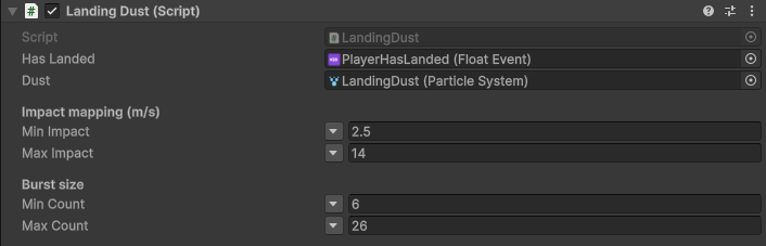 A listener wired to a FloatEvent: the landing impact drives a particle burst, and the raiser never knows dust exists.